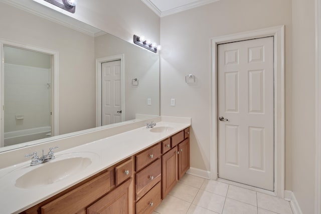 bathroom featuring vanity, crown molding, tile patterned floors, and shower / tub combination