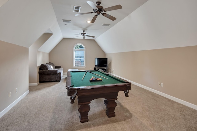 rec room featuring lofted ceiling, carpet flooring, billiards, and ceiling fan