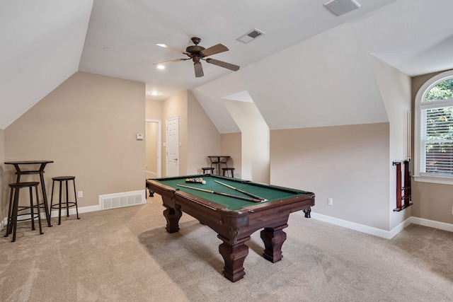 playroom with light carpet, lofted ceiling, billiards, and ceiling fan