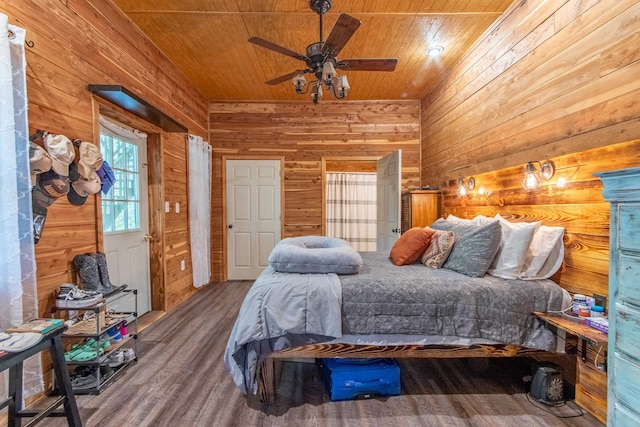 bedroom featuring ceiling fan, wood walls, wood-type flooring, and wood ceiling