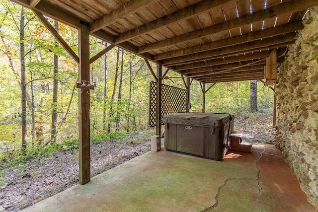 view of patio featuring a hot tub