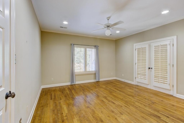 unfurnished bedroom featuring ceiling fan, access to exterior, light hardwood / wood-style flooring, ornamental molding, and french doors