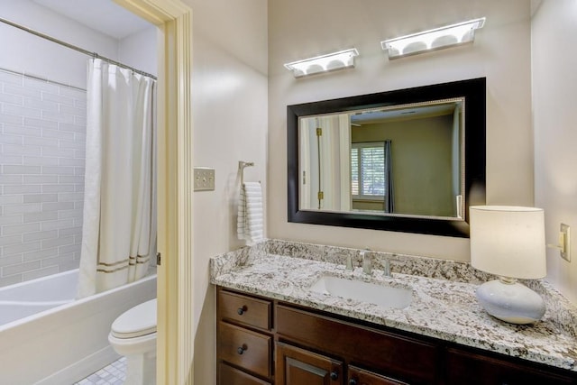 full bathroom with vanity, shower / bath combination with curtain, toilet, and tile patterned floors