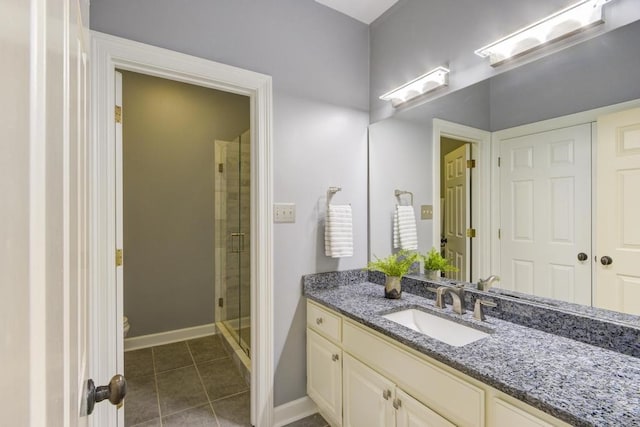 bathroom featuring vanity, toilet, tile patterned flooring, and a shower with door