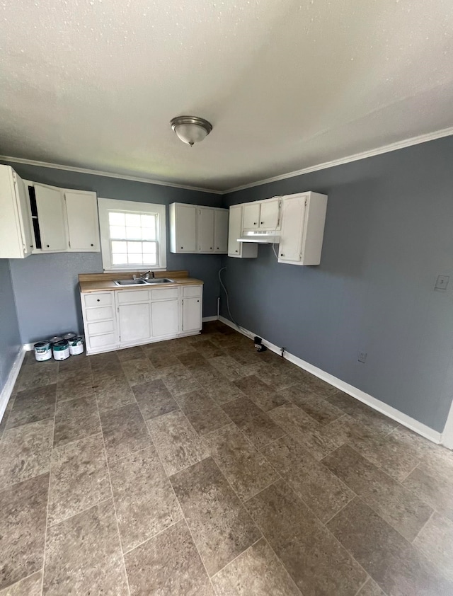 kitchen featuring white cabinetry, ornamental molding, and sink