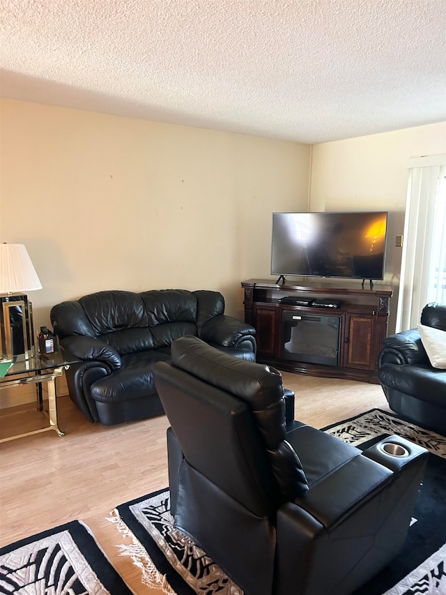 living room featuring a textured ceiling and light hardwood / wood-style flooring