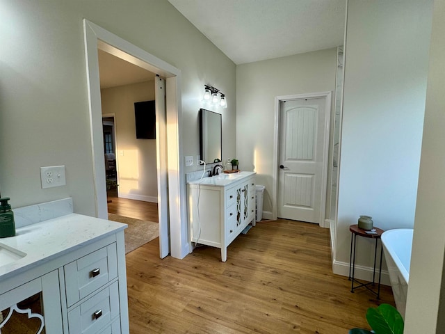 bathroom featuring vanity, a washtub, and hardwood / wood-style floors