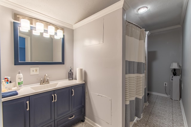 bathroom featuring a textured ceiling, a shower with shower curtain, vanity, crown molding, and tile patterned flooring