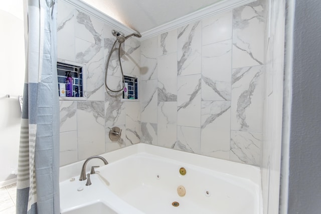 bathroom with crown molding and shower / tub combo