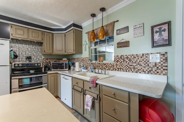 kitchen featuring crown molding, hanging light fixtures, stainless steel appliances, and tasteful backsplash