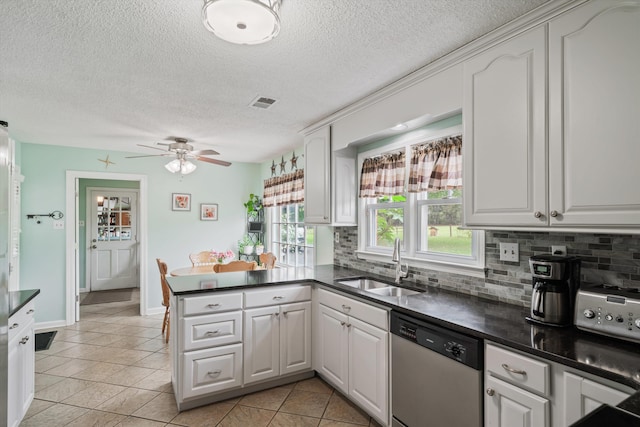 kitchen with white cabinetry, dishwasher, kitchen peninsula, and sink