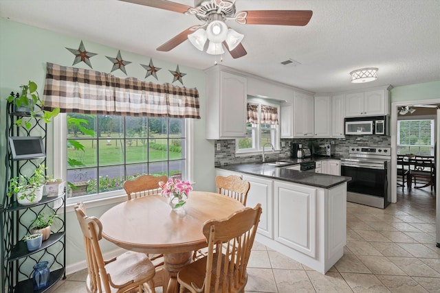 kitchen featuring sink, decorative backsplash, appliances with stainless steel finishes, and white cabinetry