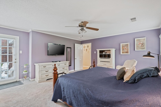 carpeted bedroom with ornamental molding, a textured ceiling, access to exterior, and ceiling fan