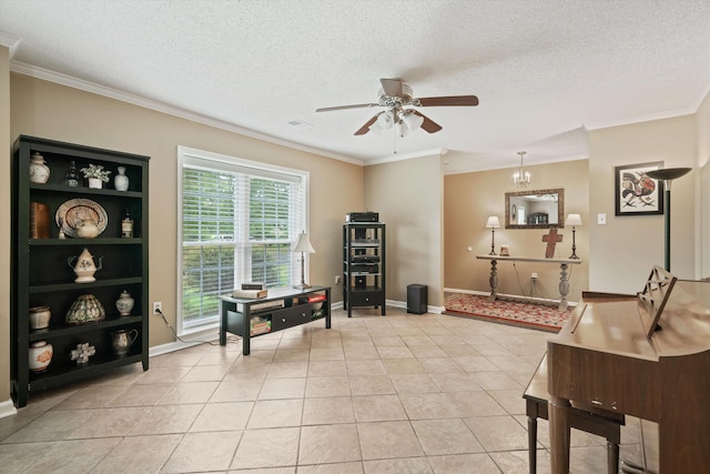 living area with crown molding, a textured ceiling, ceiling fan with notable chandelier, and light tile patterned floors