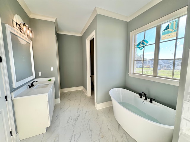 bathroom featuring vanity, ornamental molding, and a bath