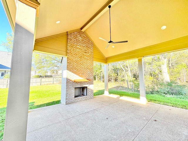 view of patio / terrace featuring an outdoor brick fireplace