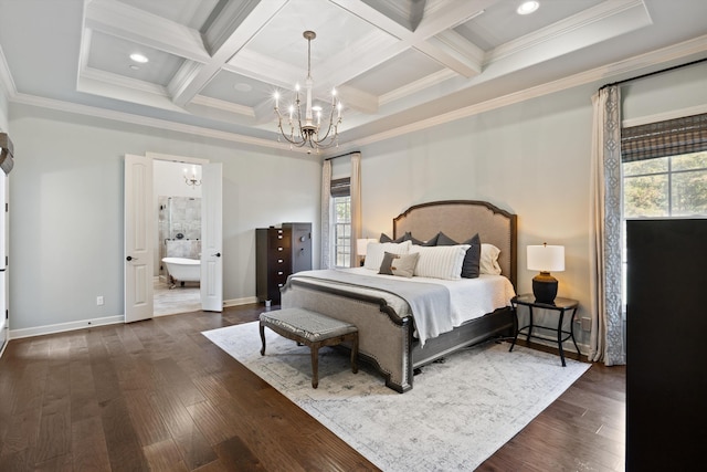 bedroom with connected bathroom, dark wood-type flooring, multiple windows, and ornamental molding