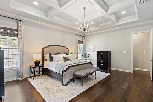 bedroom featuring crown molding, dark hardwood / wood-style floors, and coffered ceiling