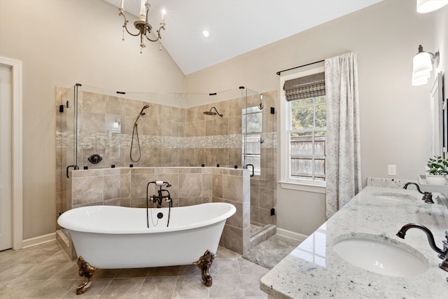 bathroom featuring vanity, tile patterned floors, vaulted ceiling, and shower with separate bathtub