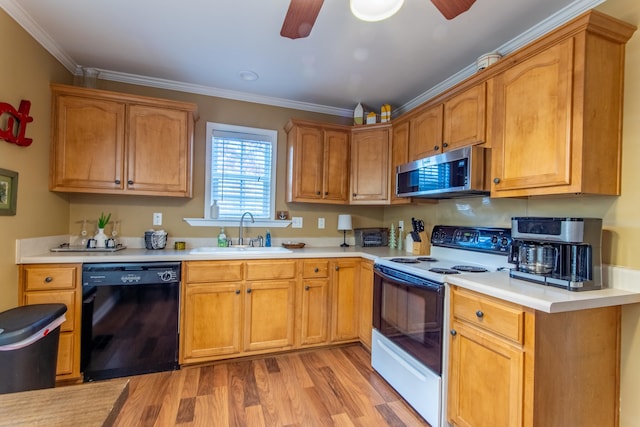 kitchen featuring black dishwasher, light hardwood / wood-style flooring, ornamental molding, electric stove, and sink