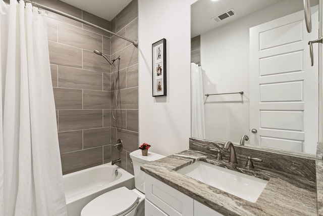 full bathroom with toilet, shower / bath combination with curtain, and vanity