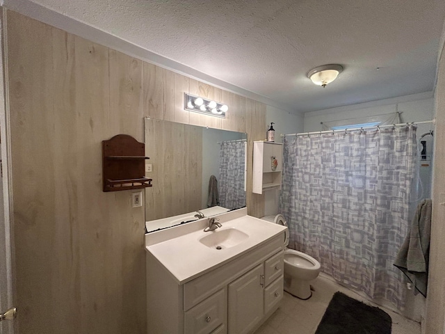 11361 Macon Rd, Eads, TN 38028 - bathroom with wooden walls, vanity, toilet, a textured ceiling, and a shower with shower curtain