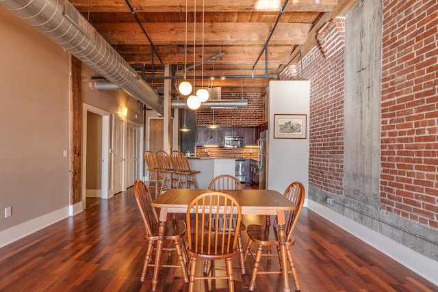 dining room with dark hardwood / wood-style floors, beam ceiling, wooden ceiling, and brick wall