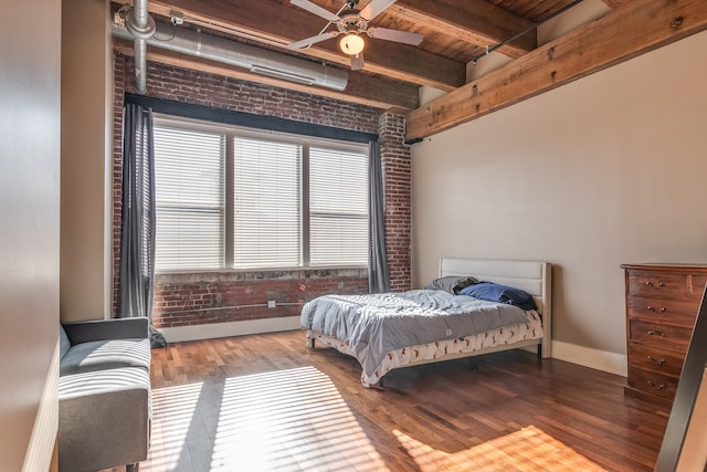 bedroom with wood ceiling, hardwood / wood-style flooring, brick wall, and ceiling fan