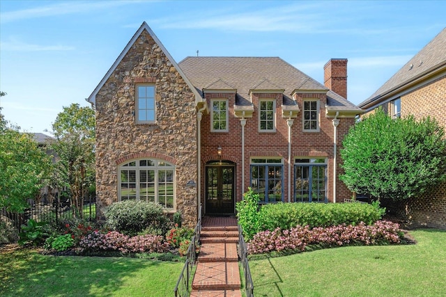 view of front facade with french doors and a front lawn