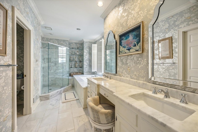 full bathroom with vanity, ornamental molding, plus walk in shower, and toilet