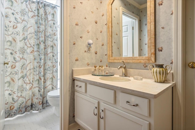 bathroom featuring toilet, walk in shower, vanity, and tile patterned flooring