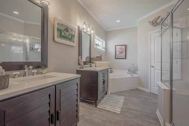 bathroom featuring separate shower and tub, crown molding, and vanity