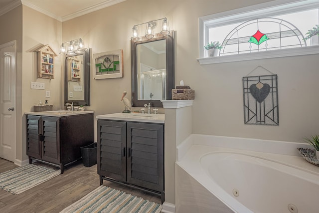 bathroom with shower with separate bathtub, vanity, hardwood / wood-style flooring, and ornamental molding