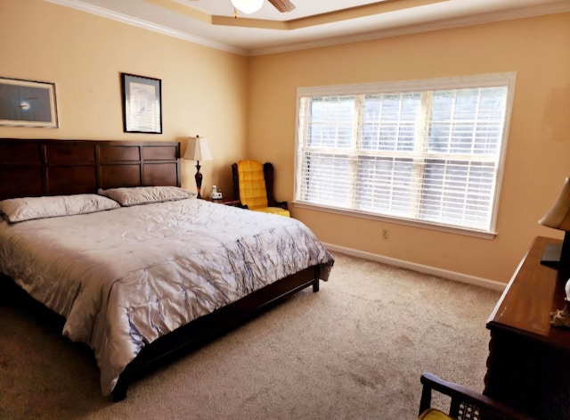 bedroom featuring ornamental molding, carpet, and ceiling fan