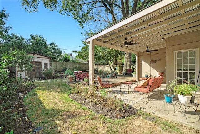 view of yard with a storage unit, a patio area, and ceiling fan