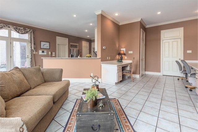 living room with crown molding and light tile patterned floors