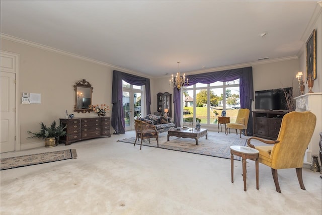 living room featuring an inviting chandelier, ornamental molding, and carpet floors