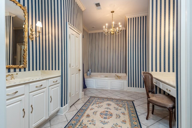 bathroom with a tub to relax in, vanity, a notable chandelier, ornamental molding, and tile patterned flooring