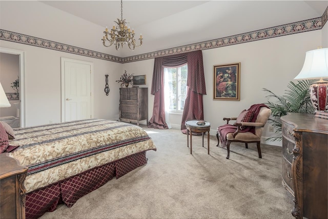 carpeted bedroom with an inviting chandelier