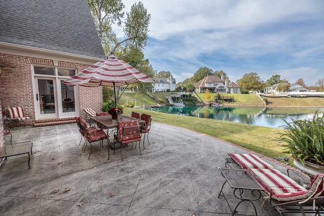 view of patio / terrace featuring a water view