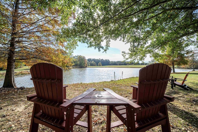 view of patio featuring a water view