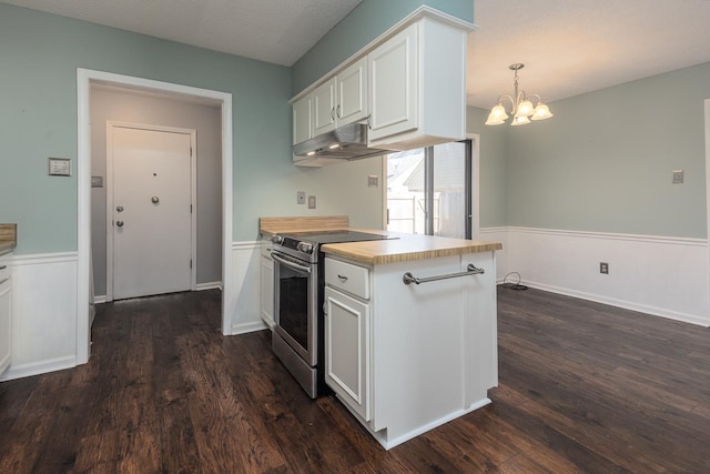 kitchen featuring a textured ceiling, dark hardwood / wood-style flooring, pendant lighting, white cabinets, and stainless steel electric range oven