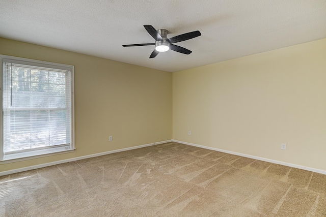 empty room featuring a wealth of natural light, a textured ceiling, carpet floors, and ceiling fan