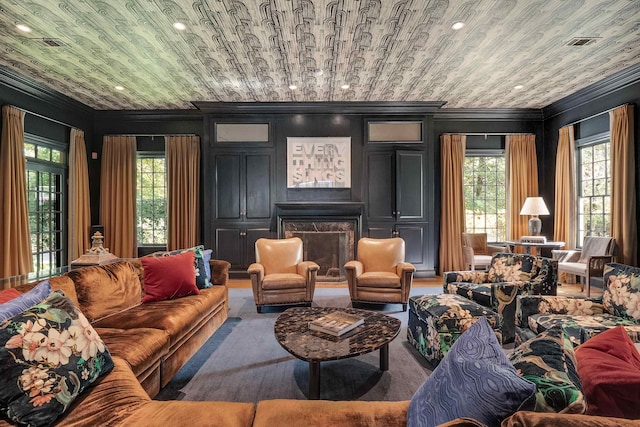 interior space featuring wood ceiling and ornamental molding