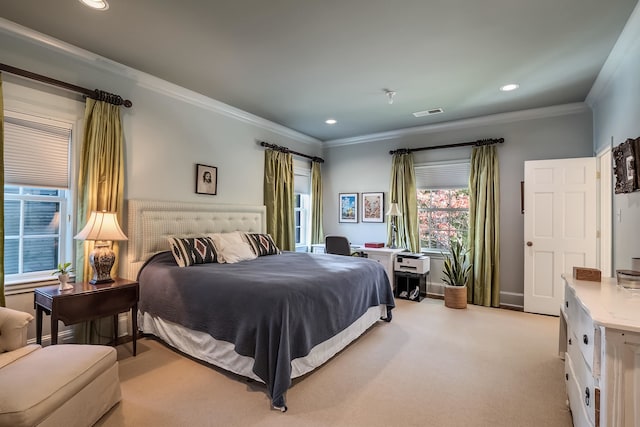 bedroom featuring ornamental molding and light colored carpet