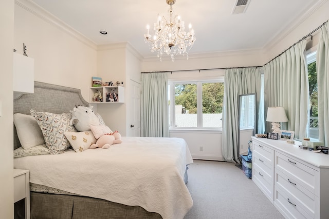 carpeted bedroom featuring ornamental molding and an inviting chandelier