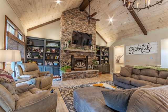 living room with wood ceiling, beam ceiling, high vaulted ceiling, light wood-type flooring, and a stone fireplace