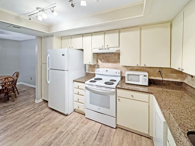 kitchen featuring ornamental molding, backsplash, white appliances, stone counters, and light hardwood / wood-style flooring