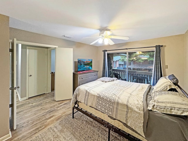 bedroom featuring access to outside, ceiling fan, and light hardwood / wood-style flooring