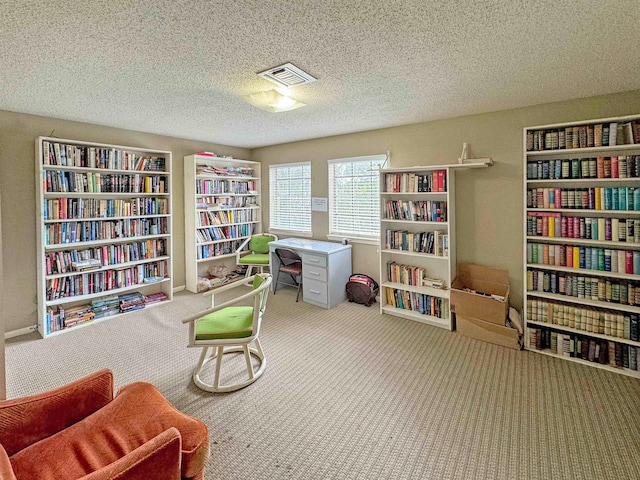 living area featuring a textured ceiling and light carpet